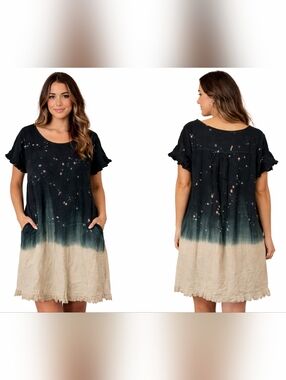 NWT Umgee Linen Blend Dip Dye Dress Small Boho Frayed Hem Pockets